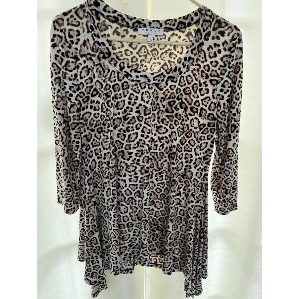 Chaus New York Women's Blouse Leopard Print 3/4 Sleeve  Asymmetric Hem Size L